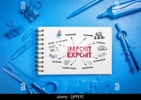 Importieren und Exportieren. Diagramm mit Schlüsselwörtern und Symbolen. Blauer Schreibtisch. Stockfoto