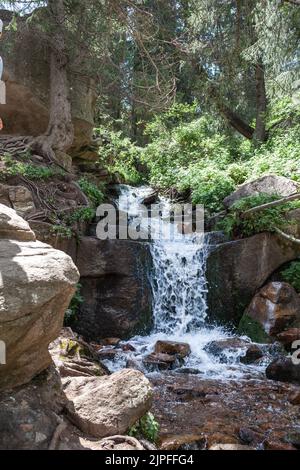 Ein wunderschöner stürmischer Gebirgsfluss von milchiger Farbe fließt schnell zwischen den Bergen Stockfoto