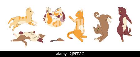 Katzenposen Doodle Set. Bunte Aufkleber von verspielten Katzen. Niedliche Vektorgrafik Stock Vektor