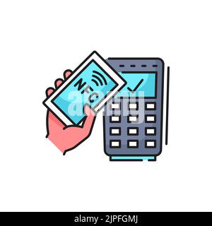 Umrisssymbol der NFC-Zahlungstechnologie mit Mobiltelefon und POS-Terminal. Bargeldlose Verarbeitung und Banking, digitale Transaktionen und Nahfeldkommunikationstechnologie Thin-Line-Vektor-Piktogramm Stock Vektor
