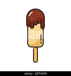 Vanilleeis in Kakaoauflage, kalt schwimmende Eisbecher, süßes eskimo-Symbol mit isolierter Farblinie. Vector Schokoladenpopsicle auf Stick, leckeres Eis. Fastfood Streetfood Snack, Essen zum Mitnehmen Stock Vektor