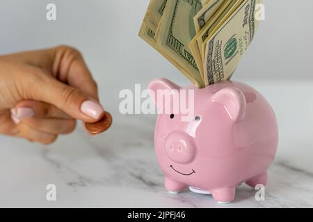 Nahaufnahme eines Sparschweines mit Dollars und einer Frau, die Euromünzen auf dem Bürotisch ausstreut. Wirtschaft, Krise und Inflation. Kostenmanagement Stockfoto