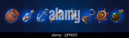 Pirate Spiel Symbole, Cartoon-Flagge mit fröhlichen roger Schädel, Spyglass, Anker, Nachricht in Glasflasche, Rum-Flasche, Lenkrad und Holzfass isolierte Benutzeroberfläche Elemente, Vektor-Illustration-Set Stock Vektor