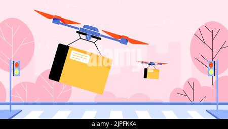 Drohnenzustellung, Quadcopter verschicken Pakete an Kunden, die über die Stadtstraße fliegen. Futuristische Logistiktechnologie, Flugzeugpost oder Frachttransport, Linienkunst flache Vektordarstellung Stock Vektor