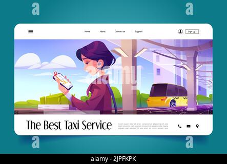 Die beste Taxi-Service Cartoon Landing Page, Frau mit Smartphone Auto in der Anwendung bestellen, Auto wartet Passagier auf der Straße der Stadt, Werbung für Transportunternehmen, Vector Web-Banner Stock Vektor