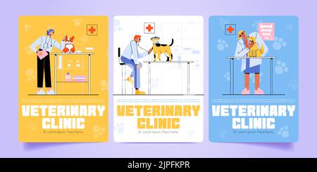 Tierklinik Banner Satz flache Illustration. Vektor-Design von männlichen und weiblichen Ärzten untersuchen, hören mit Stethoskop kranken Hunden in Tierarztkrankenhaus. Behandlung von Tierkrankheiten. Gesundheitsdienste für Haustiere Stock Vektor