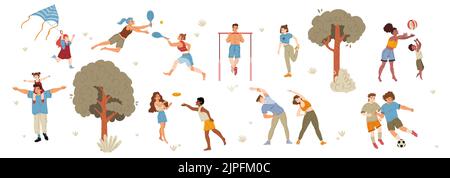Sommer-Freizeitaktivitäten im Freien, Sportübungen im Park. Vektor flache Illustration von Menschen spielen mit Ball, Frisbee, Kite, Tennis, Training, Stretching, Spaziergang mit Kindern Stock Vektor