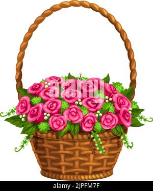 Blumen in Korbweide, Valentinstag und Hochzeit RSVP-Party-Symbol. Vektor isolierte rosa Rosen und Lilie Blumen Haufen in Weidenkorb mit Griff Stock Vektor