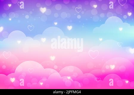 Regenbogen Einhorn Hintergrund mit Wolken Sterne und Herzen. Himmel in Pastellfarben. Magische Landschaft, abstraktes fabelhaftes Muster. Niedliche Bonbons Tapete. Vektor. Stock Vektor