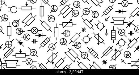 Funkkomponente. Funkelektronik. Symbolische Bezeichnung. Isoliert auf weißem Hintergrund. Widerstand, Transistor, Diode und Kondensator. Nahtloses Pat Stock Vektor