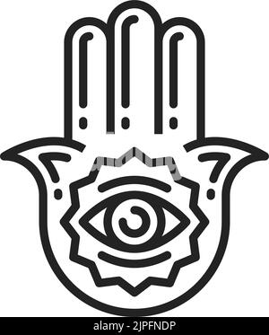 Hamsa Hand isoliertes lineares Symbol. Vektor Linie Kunst jüdische Religion, Hand von Fatima mit allem sehenden Auge, Mary Miriam Göttin. Ethnisches Amulett, das in Indien häufig ist, Arabisch, jüdische Kulturen, gegen das Böse Stock Vektor