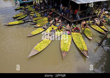 Barisal, Barisal, Bangladesch. 18. August 2022. Ein schwimmender Guava-Markt im südlichen Barisal-Distrikt des Landes, bekannt als ''das Venedig von Bengalen'', ist jetzt mit Käufern und Verkäufern in Swarupkathi, Barisal, Bangladesch, überfüllt, da die Ernte der Guava auf dem Höhepunkt ist. Es gibt Hunderte von Booten, die mit Guava gefüllt sind, und alle Geschäfte finden auf Booten statt. Da Barisal mit einem jährlichen Produktionsvolumen von mehr als 15.000 Tonnen der größte Erzeuger der einheimischen Guava-Sorten im Land ist, verlassen sich die Landwirte stark auf die Guava-Landwirtschaft. Kredit: ZUMA Press, Inc./Alamy Live Nachrichten Stockfoto