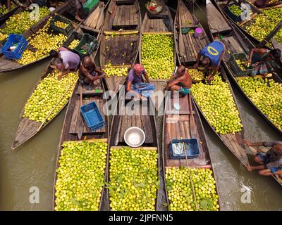 Barisal, Barisal, Bangladesch. 18. August 2022. Ein schwimmender Guava-Markt im südlichen Barisal-Distrikt des Landes, bekannt als ''das Venedig von Bengalen'', ist jetzt mit Käufern und Verkäufern in Swarupkathi, Barisal, Bangladesch, überfüllt, da die Ernte der Guava auf dem Höhepunkt ist. Es gibt Hunderte von Booten, die mit Guava gefüllt sind, und alle Geschäfte finden auf Booten statt. Da Barisal mit einem jährlichen Produktionsvolumen von mehr als 15.000 Tonnen der größte Erzeuger der einheimischen Guava-Sorten im Land ist, verlassen sich die Landwirte stark auf die Guava-Landwirtschaft. Kredit: ZUMA Press, Inc./Alamy Live Nachrichten Stockfoto