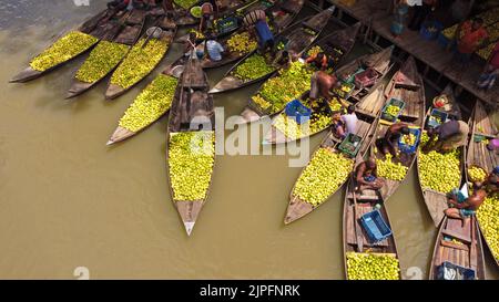 Barisal, Barisal, Bangladesch. 18. August 2022. Ein schwimmender Guava-Markt im südlichen Barisal-Distrikt des Landes, bekannt als ''das Venedig von Bengalen'', ist jetzt mit Käufern und Verkäufern in Swarupkathi, Barisal, Bangladesch, überfüllt, da die Ernte der Guava auf dem Höhepunkt ist. Es gibt Hunderte von Booten, die mit Guava gefüllt sind, und alle Geschäfte finden auf Booten statt. Da Barisal mit einem jährlichen Produktionsvolumen von mehr als 15.000 Tonnen der größte Erzeuger der einheimischen Guava-Sorten im Land ist, verlassen sich die Landwirte stark auf die Guava-Landwirtschaft. Kredit: ZUMA Press, Inc./Alamy Live Nachrichten Stockfoto