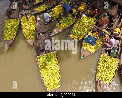 Barisal, Barisal, Bangladesch. 18. August 2022. Ein schwimmender Guava-Markt im südlichen Barisal-Distrikt des Landes, bekannt als ''das Venedig von Bengalen'', ist jetzt mit Käufern und Verkäufern in Swarupkathi, Barisal, Bangladesch, überfüllt, da die Ernte der Guava auf dem Höhepunkt ist. Es gibt Hunderte von Booten, die mit Guava gefüllt sind, und alle Geschäfte finden auf Booten statt. Da Barisal mit einem jährlichen Produktionsvolumen von mehr als 15.000 Tonnen der größte Erzeuger der einheimischen Guava-Sorten im Land ist, verlassen sich die Landwirte stark auf die Guava-Landwirtschaft. Kredit: ZUMA Press, Inc./Alamy Live Nachrichten Stockfoto