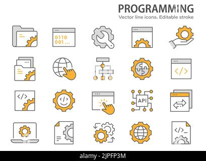 Symbole für die Programmierzeile. Satz von Computer, Codierung, Entwicklung, Entwicklung und mehr. Bearbeitbare Kontur. Stock Vektor