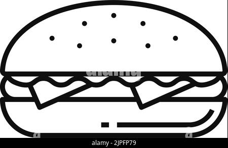 Fastfood Cheeseburger isoliert Essen zum Mitnehmen Umriss Symbol. Vector Line Art Hamburger mit Sesambrötchen, Käse und Rindfleisch, Salatblättern. Fastfood Imbiss zum Mitnehmen, Street Food Burger mit Fleisch Stock Vektor