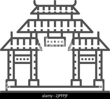 Eingang mit Dach isoliert chinesischen, koreanischen oder japanischen Tor skizzieren Symbol. Vector Retro asiatischen Gebäude, alte orientalische Tempel Eingang Design. Chinatown Tür, Pavillon in Line Art Design Stock Vektor