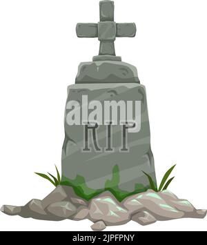 Tombstone and cross icon, grave and grass. Vector Halloween isolated object, cemetery RIP Stock Vektor