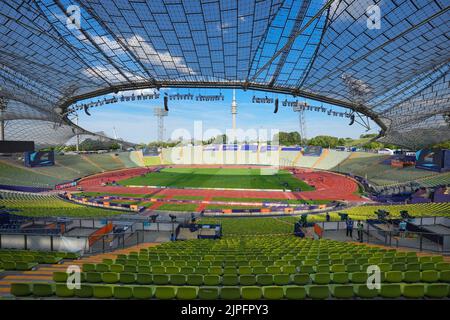 München, Deutschland. 17. August 2022. Das Olympiastadion ist Austragungsort der Leichtathletik-Europameisterschaften. Quelle: Soeren Stache/dpa/Alamy Live News Stockfoto