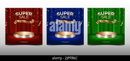 Super Verkauf Online-Shopping-Banner mit weißen und goldenen Podium, Vorhang und Konfetti Stock Vektor