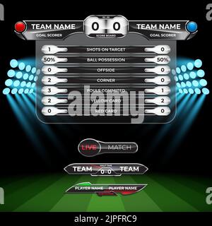 Scoreboard-Broadcast-Statistik für Fußball-Liga-Weltturnier mit Spotlight Hintergrund Stock Vektor