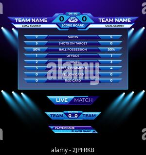 Scoreboard-Broadcast-Statistik für Fußball-Liga-Weltturnier mit Spotlight Stock Vektor