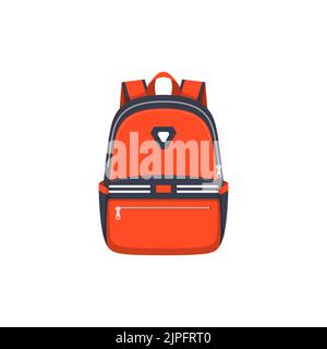 Schultasche Rucksack, roter Rucksack oder Handtasche Vektor flach Symbol. College- und Schultasche mit Taschen, Reißverschlüssen, Taschen und Gurten, Rucksack-Reisegepäck und Sporttasche, isoliert Stock Vektor