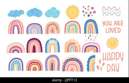 Niedliche bunte Regenbogen Set. Kindliche flache Vektorgrafiken Kollektion. Wettervorhersage, Meteorologie. Regenwolken und Sterne isoliert auf Weiß Stock Vektor