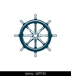Steuerruder des Bootes isoliertes monochromes Lenkradsymbol. Vektor-Lenkrad, Marine-Navigationsausrüstung. Seefahrer-Handrad oder Schiffsrad mit Griffen, Schiffskontrollobjekt vom Kapitän Stock Vektor