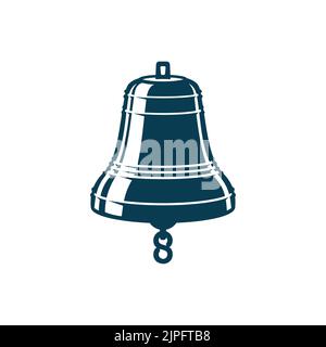 Retro Messing Schiffsglocke mit Metallkette isoliert monochrome Ikone. Vector Sicherheitsausrüstung bei nebligen Bedingungen, antikes Messing oder Kupfer, Bronzeglocke. Gerät, Zeitanzeige auf dem Schiff, von Hand gezeichnet Stock Vektor