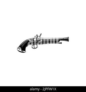 Musket gun, Vintage Pistole Vektor-Symbol. Alter Pulverrevolver, antike Waffe für Musketier, Cowboy oder Pirat. Retro-Pistole monochrome Zeichen isoliert auf weißem Hintergrund Stock Vektor