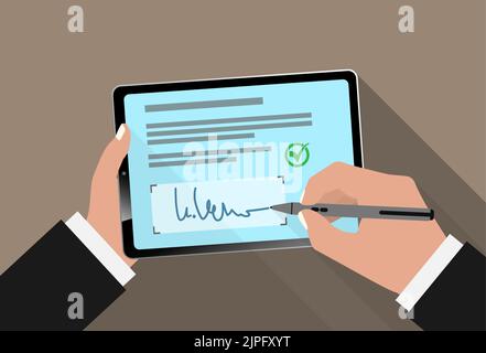 Elektronische Signatur mit Eingabestift auf Tablet-Computer-Touchscreen, Vektorgrafik Stock Vektor