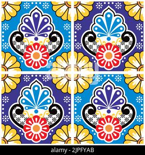 Fliesen nahtlose Vektor-Muster von Volkskunst aus Mexiko mit Blumen und dekoratives Design inspiriert Stock Vektor