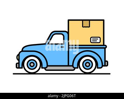 Lieferung Pickup-LKW mit Paket-Symbol auf weißem Hintergrund, fett Umriss Stil, Vektor-Illustration Stock Vektor