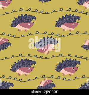 Niedliche Vektor spiky, stachelig, Igel nahtlose Muster Hintergrund. Kawaii-Igel im Hintergrund mit Doodle-Schleifen. Cartoon Charakter Waldtiere. Spaß Stock Vektor