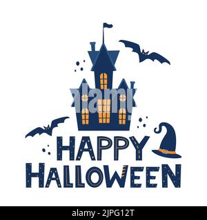 Happy Halloween Schriftzug mit traditionellen halloween Design Elementen, Burg, Fledermaus, Hexenhut. Weihnachtskalligraphie für Banner, Poster, Grußkarte, p Stock Vektor