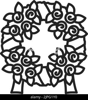 Blumenarrangement Grabkranz mit schwarzem Band isoliert monochromen Umriss Symbol. Vektorkreis aus Rosen und Blättern, Nachruf-Kondolenz, Symbol der Traurigkeit. Trauerstrauß, Trauerblumen Stock Vektor