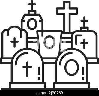 Kirchhof mit Ruhe in Friedenssteinen, Kreuzen und Grabsteinen isoliert monochromen Umriss Symbol. Vektor-Beerdigung und Tod Grabdenkmäler, Friedhof, Halloween-Gräber. Grabsteine, gruselige Gräber Stock Vektor