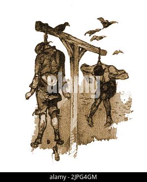 Hinrichtung - Eine sehr alte grafische Skizze britischer Gefangener in den Todesursachen zum Zeitpunkt ihrer Erhängung. Seltsamerweise scheint der Mann auf der Rückseite nur einen Schuh an zu haben und der Mann auf der Vorderseite ist ähnlich geumartert, aber mit seinem Ersatzschuh, der an einer Spitze seines anderen Fußes hängt. Stockfoto