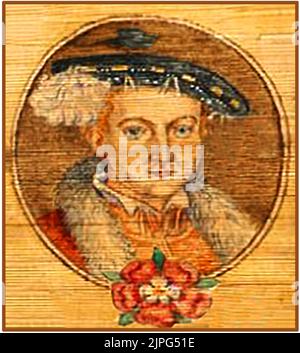 Am altkoloriertes Porträt des Königs Edward VI. Von England (1537 – 1553), der bei seiner Krönung erst 9 Jahre alt war. Er war der Sohn von Henry VIII und Jane Seymour und der erste englische Monarch, der im protestantischen Glauben aufgewachsen war. Nach seinem Tod wurde Lady Jane Grey zur Königin erklärt, aber sie wurde wegen Verrats nach nur 9 Tagen auf dem Thron hingerichtet, was von vielen als politische Hinrichtung angesehen wurde. Er starb im Alter von 15 Jahren und nannte Lady Jane Grey als seine Nachfolgerin. Stockfoto