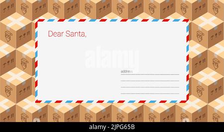 Schablonenbrief an den Weihnachtsmann auf dem Hintergrund versiegelter Schachteln mit Geschenken. Vorlage für Weihnachtskarte. 3D Vektorgrafik. Stock Vektor