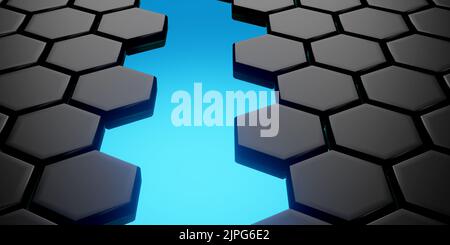 3D Darstellung einer abstrakten Komposition mit schwarzen Sechsecken und blauem Hintergrund Stockfoto