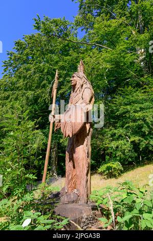 Einheimische nordamerikanische Skulptur in den Dawyck Botanic Gardens, Stobo bei Peebles, Schottland Stockfoto