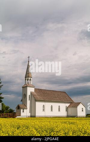 Die römisch-katholische Kirche St. Therese mit Rapsfeld. Notre-Dame-de-Lourdes, Manitoba, Kanada. Stockfoto