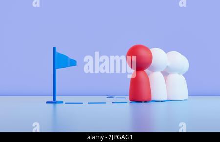 3D Abbildung. Gruppe von Personen, die ihrem Anführer bis zur Ziellinie folgen, mit blau-violettem Hintergrund. 3D Rendern Stockfoto