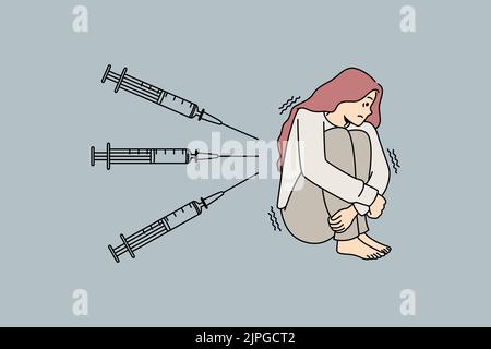 Unglücklich verängstigte Frau, die sich durch Injektionen erschrocken fühlt. Unwohl ängstliches Mädchen erschreckt mit Nadeln und Spritzen. Angst vor Impfungen. Vektorgrafik. Stock Vektor