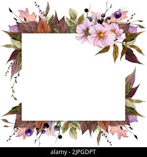 Aquarell-Rahmenanordnung mit handgezeichneten herbstblumen, Beeren, Zweigen und Blättern der cosmea. Isoliert auf weißem Hintergrund. Design für Einladungen Stockfoto