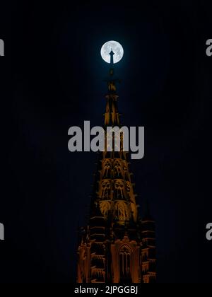 Eine vertikale Aufnahme des Kölner Doms bei Vollmond in der Nacht Stockfoto