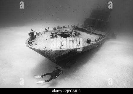 Tauchen auf P31, ein versunkenes Unterwasserschiff Wrack in Gozo, Malta mit Taucher im Bild. Stockfoto